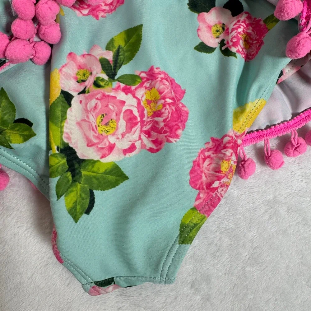 Betsey Johnson Swimsuit Girls 6X Lot of 2 Pink Floral Pom‎ Pom Ruffle Swimwear